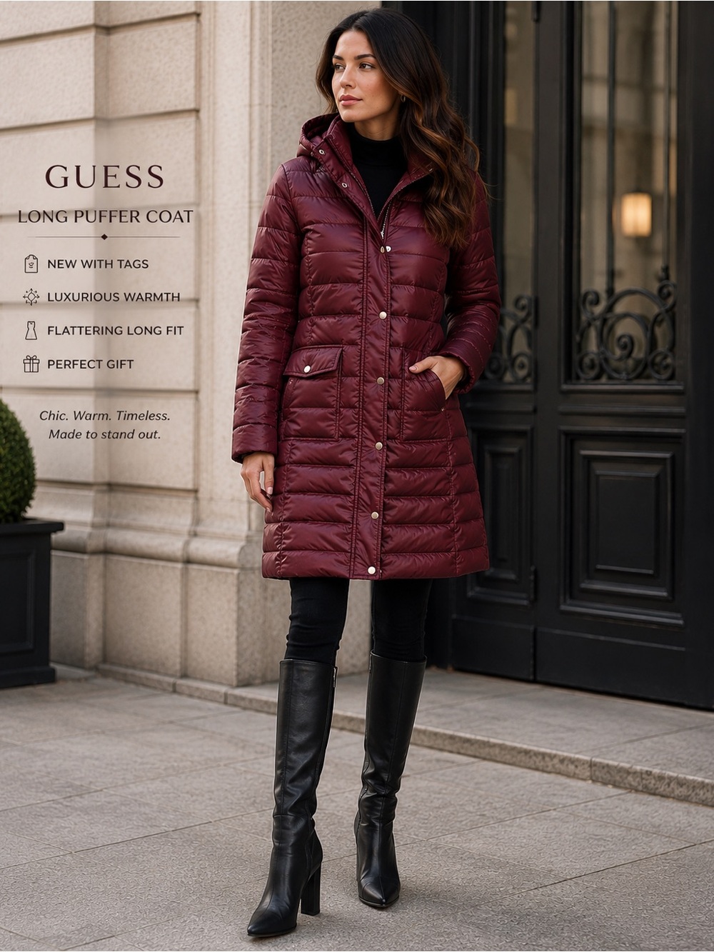 Guess Long Hooded Puffer Coat - Deep Wine